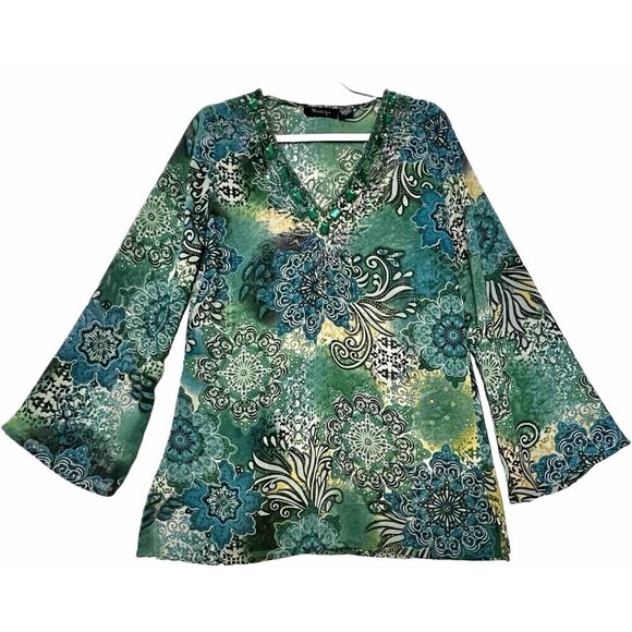 Raviya V-Neck Embellished Sheer‎ Tunic Top With Flare Sleeves Size Small - Picture 2 of 10